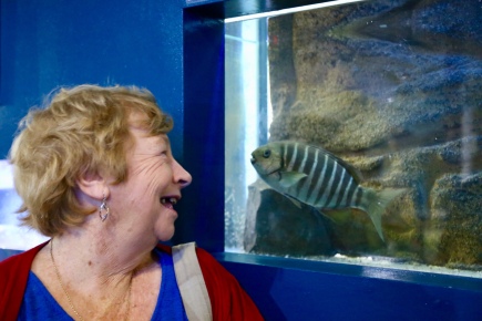 Barbara maakt vriendjes met een vis bij Sea Horse World